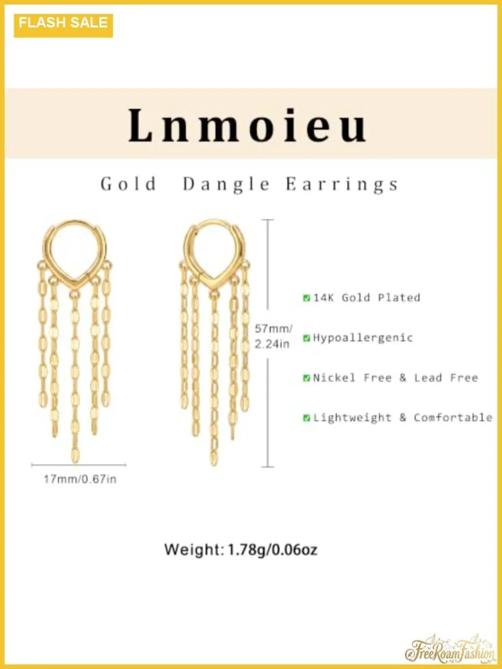 14K Gold Plated Stainless Steel Dangle Hoop Earrings Tassel Chain